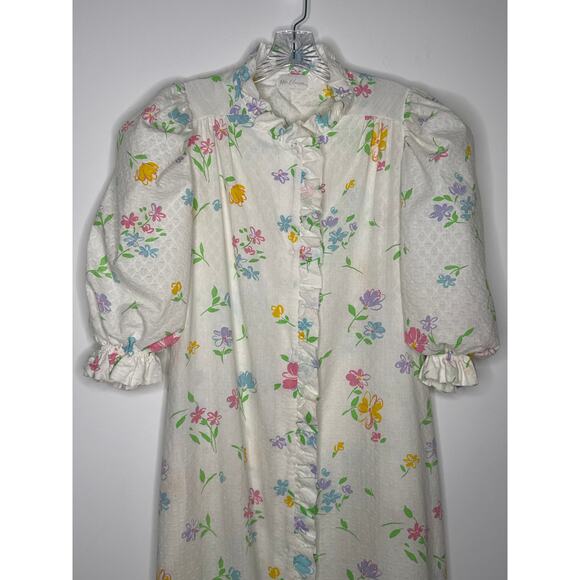Vintage Miss Elaine Floral Seersucker Ruffle Housecoat Robe 70s 80s medium - Picture 3 of 16
